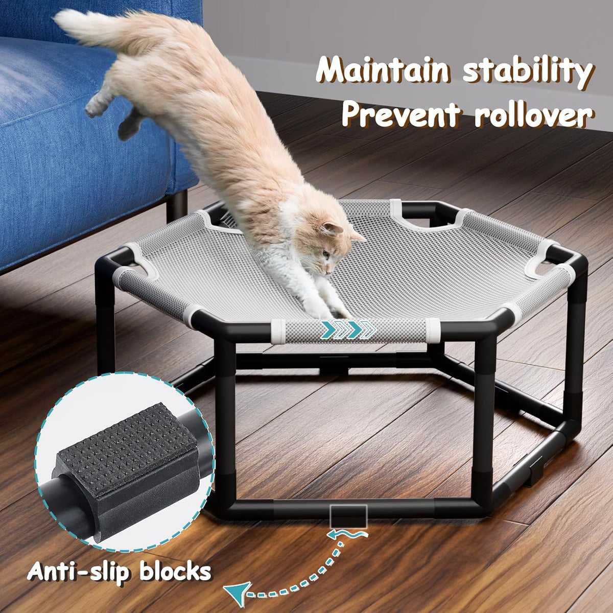 Tresbro cat bed showing sturdy elevated frame and anti-slip base