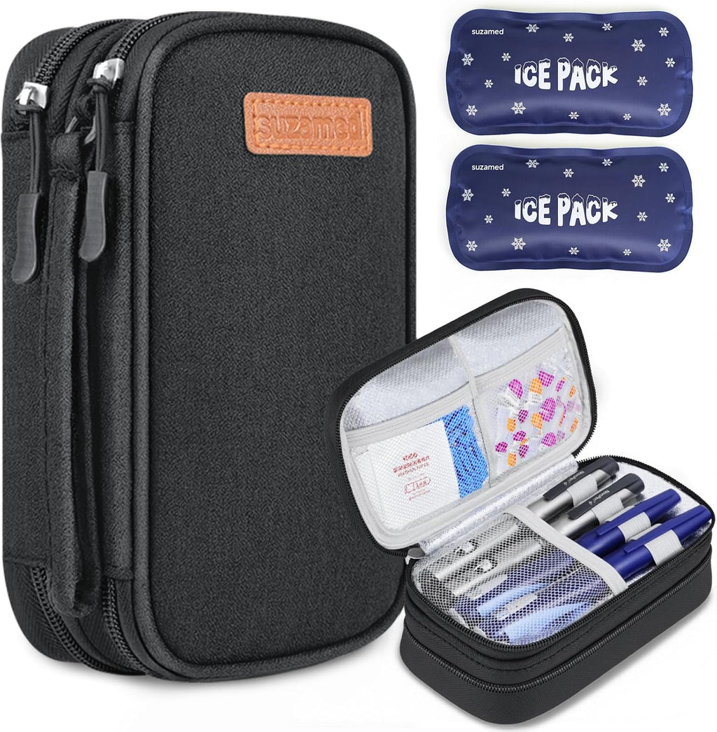 Suzamed insulin cooler travel case front view black medicine organizer pouch