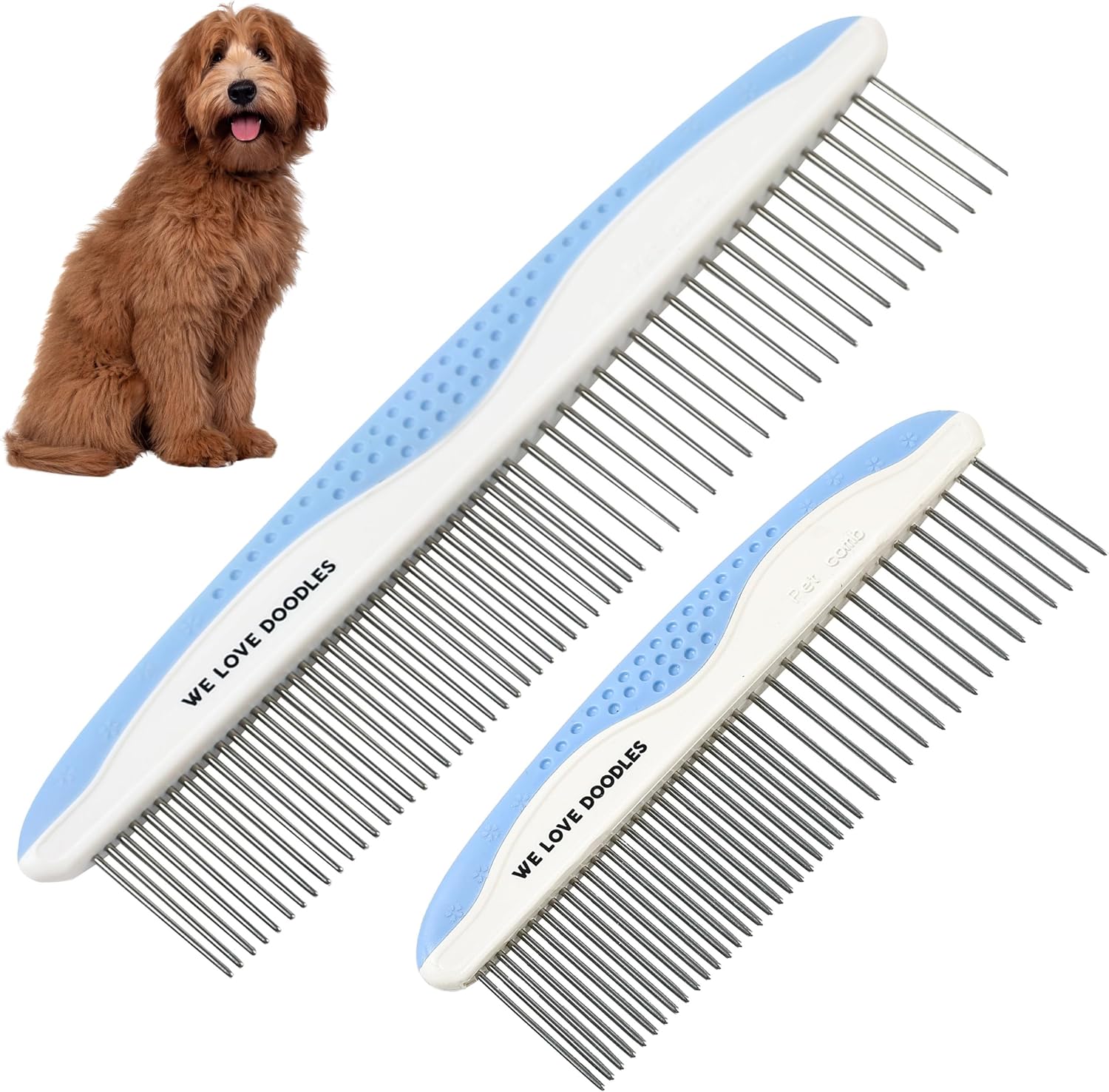 We Love Doodles metal dog grooming comb front view showing long blue handle stainless steel teeth