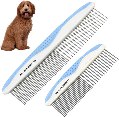 We Love Doodles metal dog grooming comb front view showing long blue handle stainless steel teeth