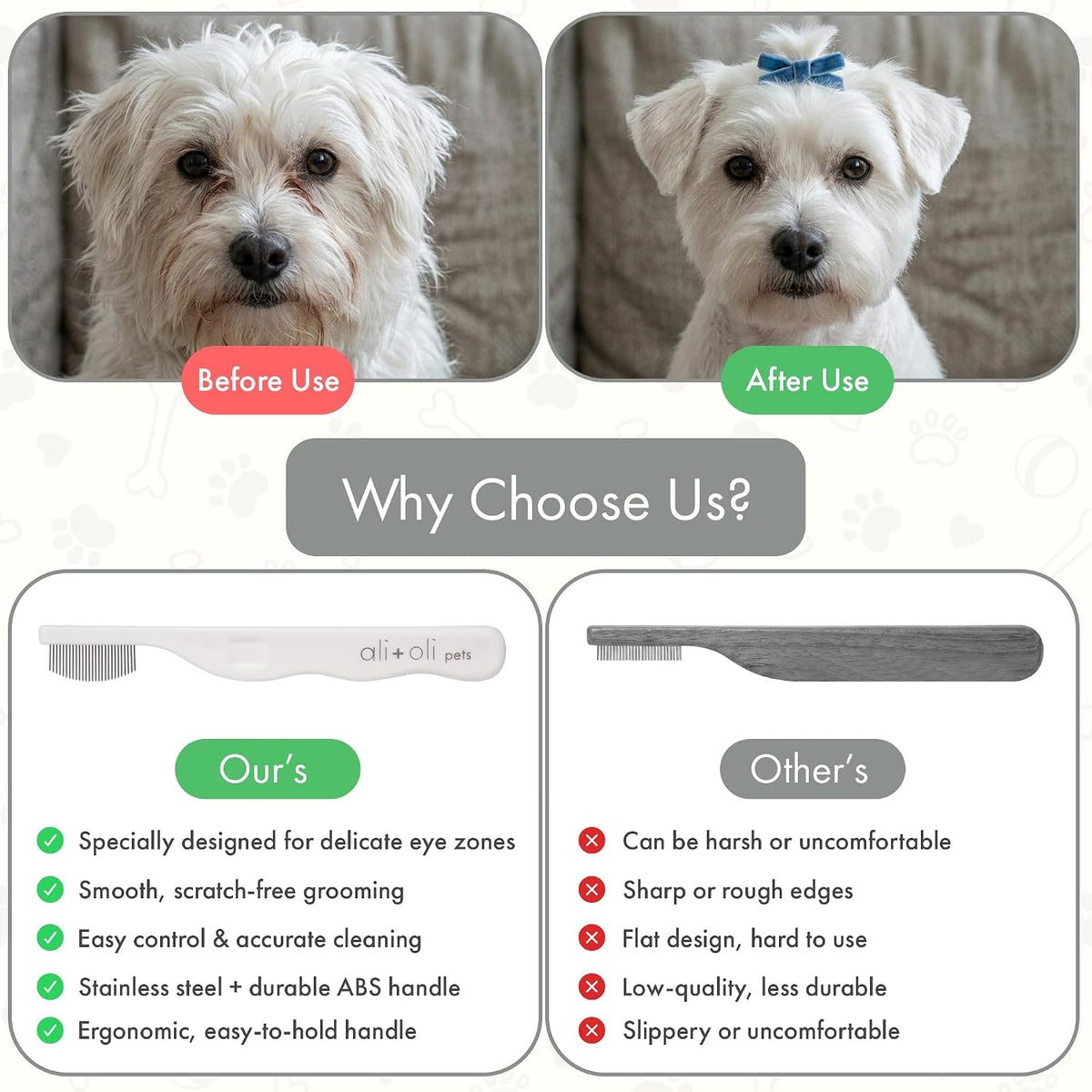 Ali+Oli pet grooming accessory showing the smooth rounded tips engineered to protect sensitive pet skin
