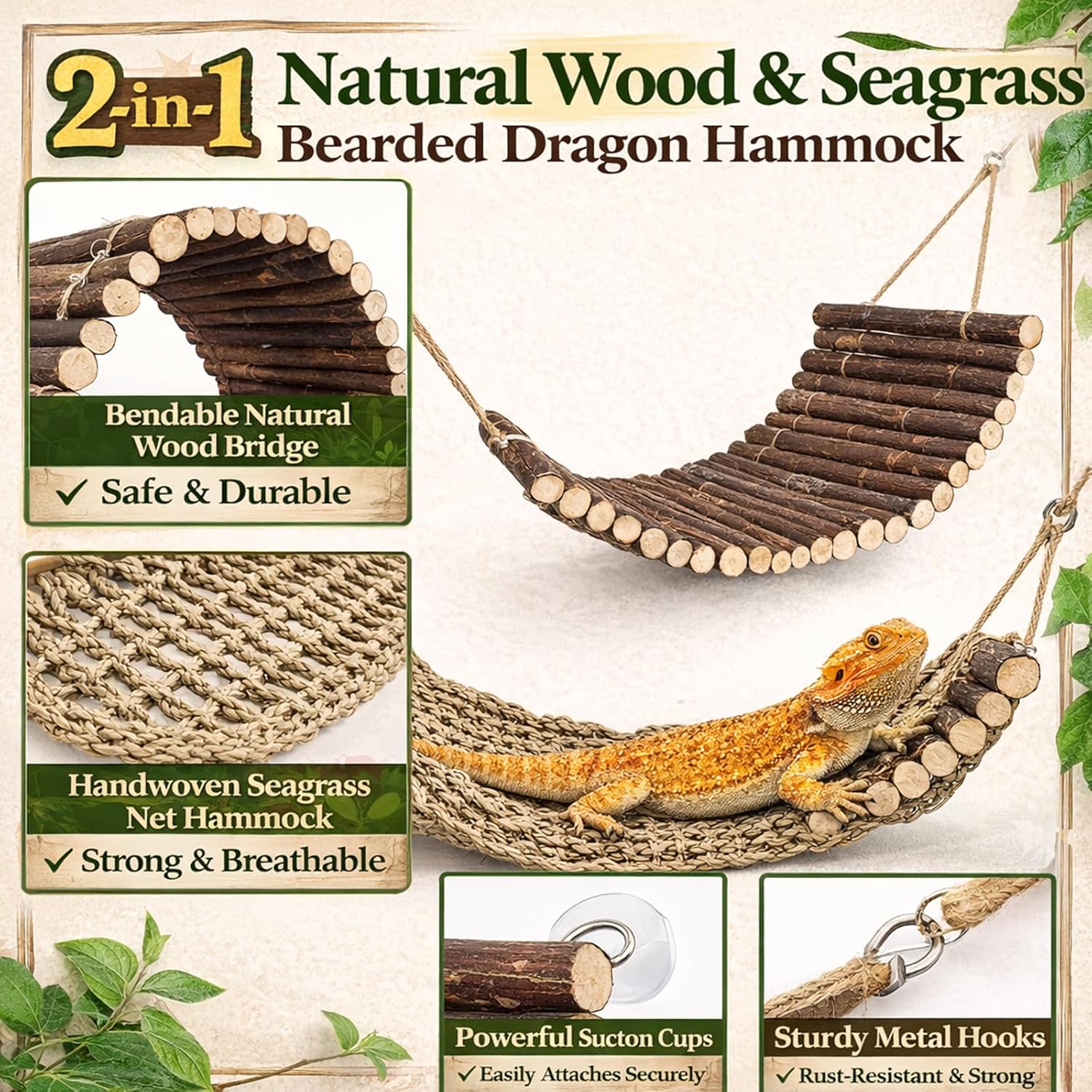 Flexible wooden reptile bridge with suction cups