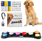 Pawhugs dog buttons for communication front view showing eight colorful recordable pet training buzzers.