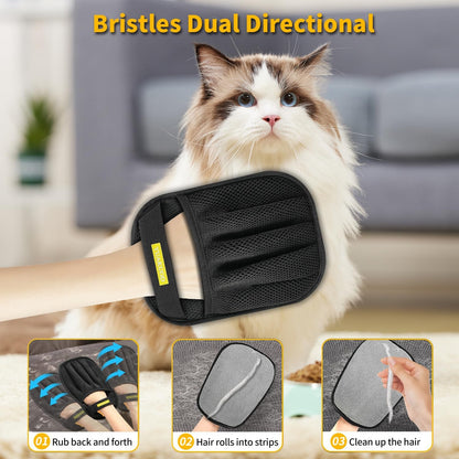 Reusable magic brush pet hair removal tool on sofa upholstery