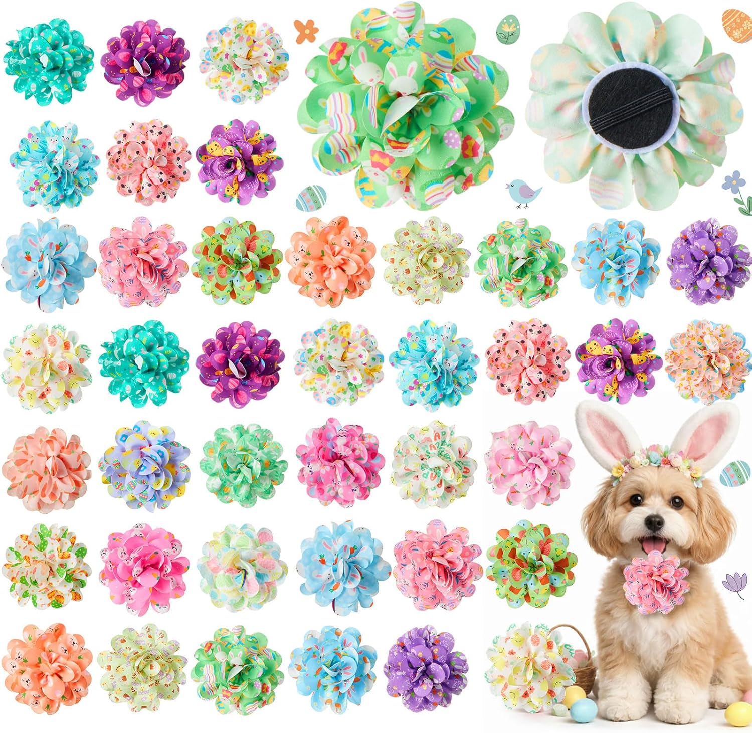 Bulk pack of fifty pieces of star dog bowtie flowers showcasing durable elastic rubber loops.
