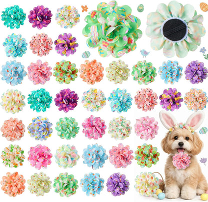 Bulk pack of fifty pieces of star dog bowtie flowers showcasing durable elastic rubber loops.