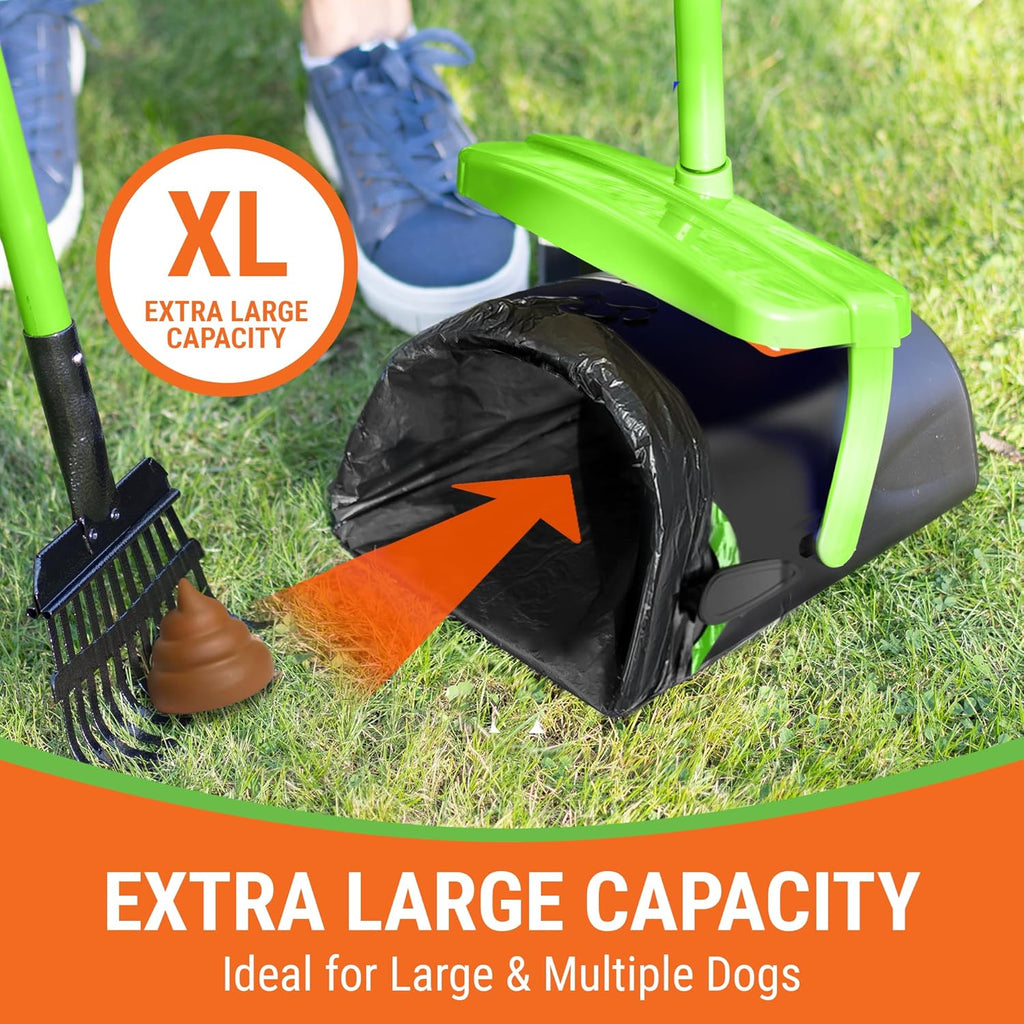 Pupzle long handled poop scooper for large dogs showing bag attachment
