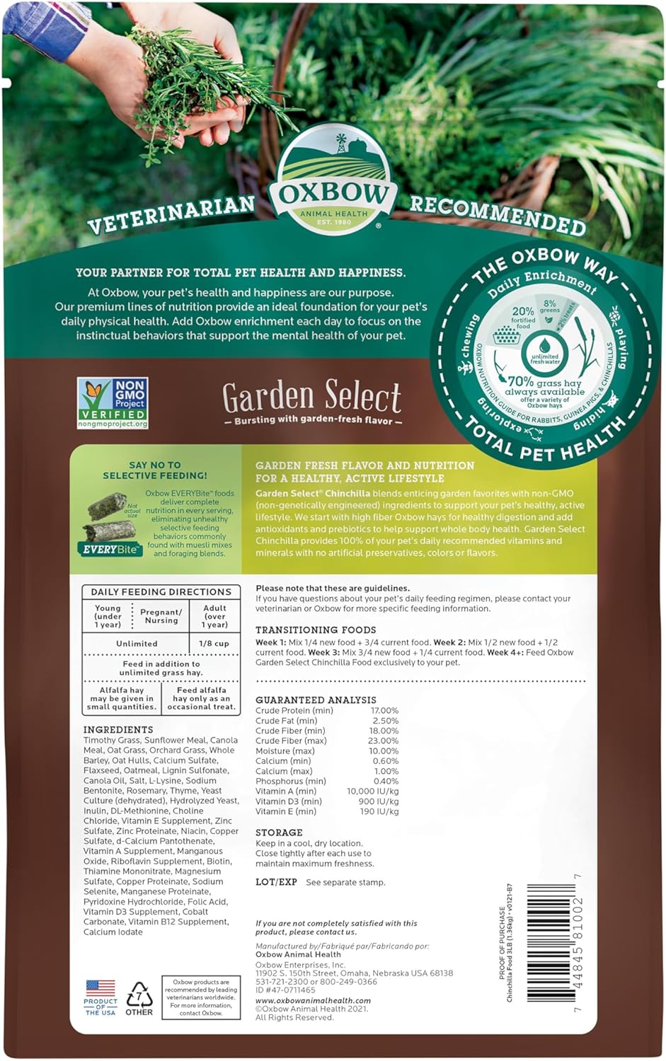 Oxbow non-GMO chinchilla food three pound bag back label details