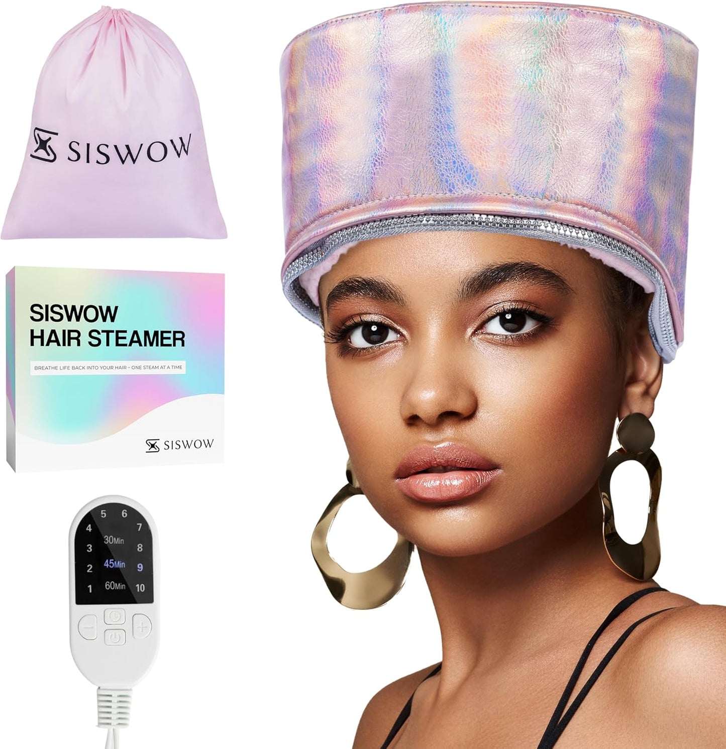 Orjiadian Siswow heating cap for deep conditioner front view showing the sleek black exterior and adjustable controller.