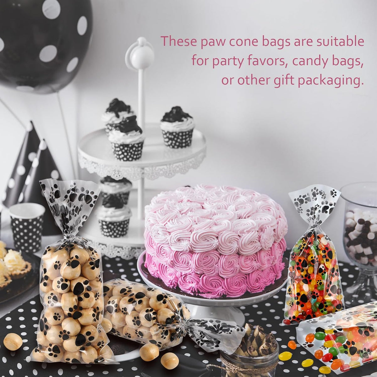 Close up view of Blulu pet paw print pattern on clear treat bag