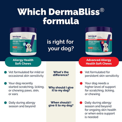 Dermabliss vet formulated allergy soft chews container showing 60 count size