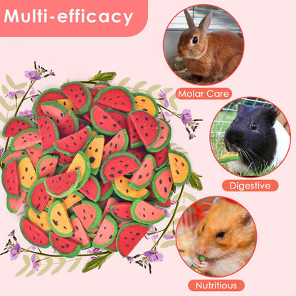 Double baked rabbit chew snacks showing colorful watermelon slice shapes