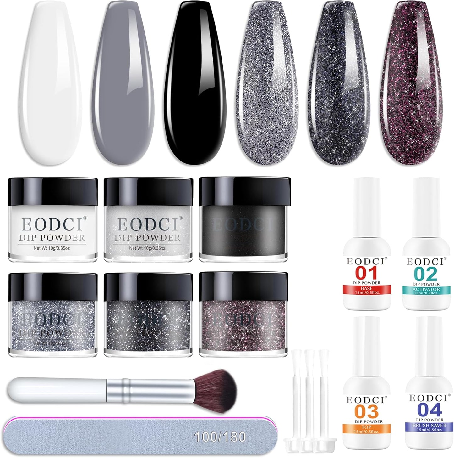 eodci dip powder nail kit starter with 6 black white and glitter colors