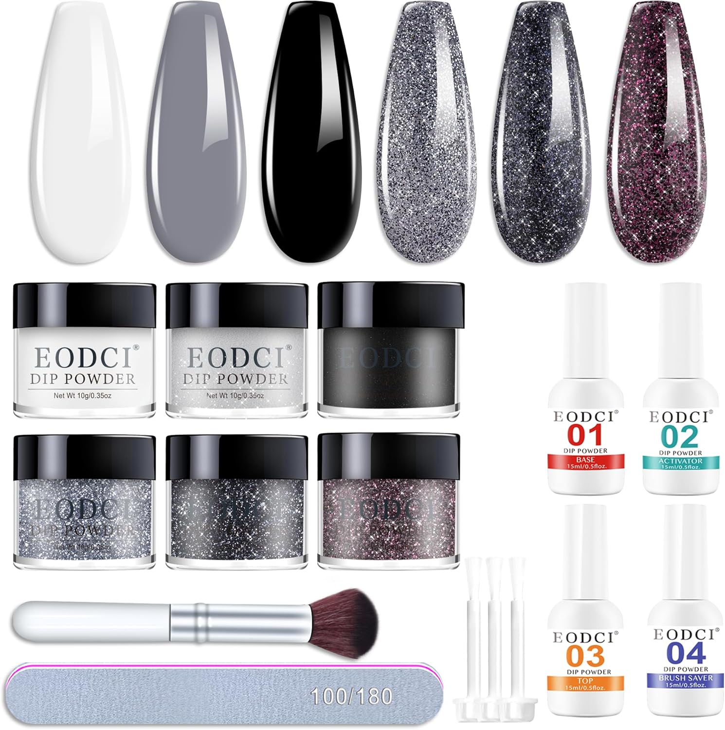 eodci dip powder nail kit starter with 6 black white and glitter colors