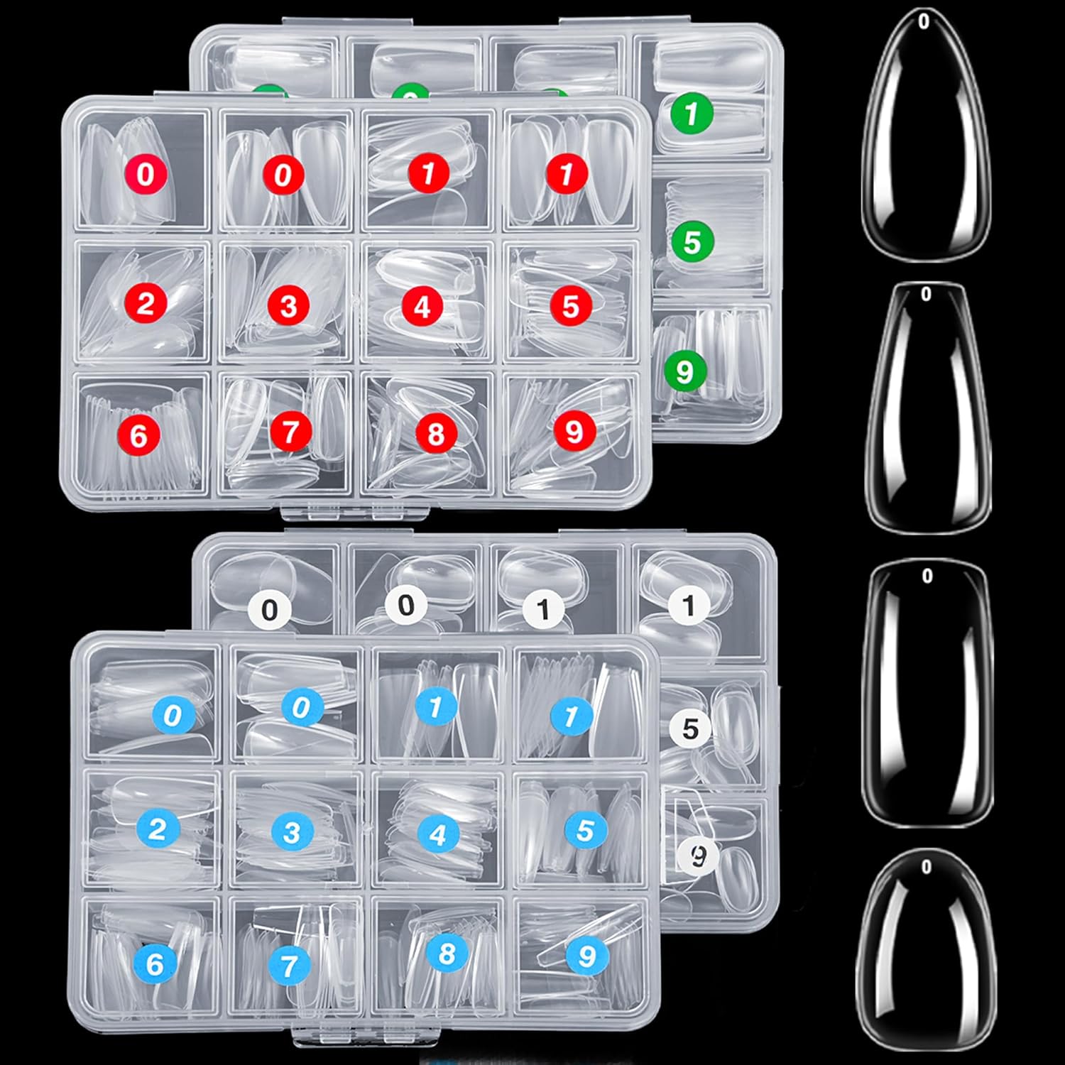 ELLEWIN 1000Pcs clear nail tips set showing almond square coffin and oval shapes