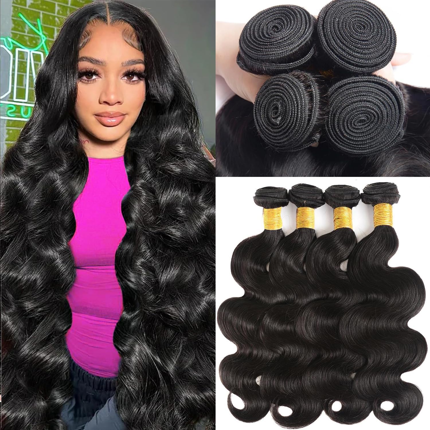 Katspon 12A human hair bundles front view displaying natural black body wave texture