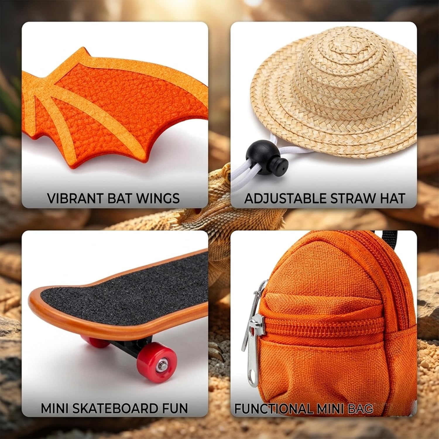 Kauvysaq miniature orange backpack and straw hat reptile accessories close up.
