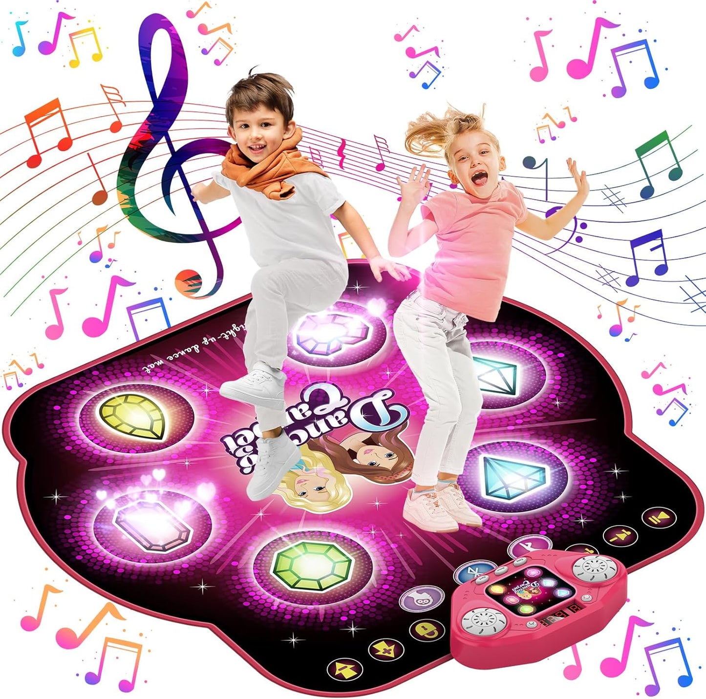 KIZJORYA electronic dance mat for kids front view showcasing the pink princess design and light up arrow buttons.