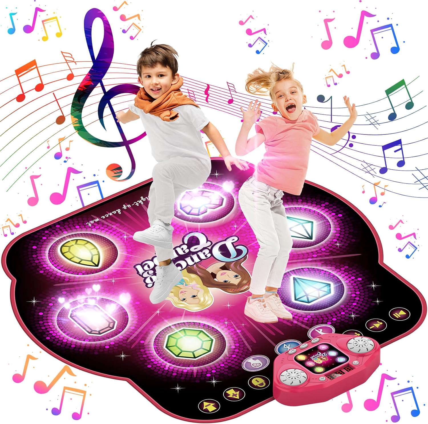 KIZJORYA electronic dance mat for kids front view showcasing the pink princess design and light up arrow buttons.