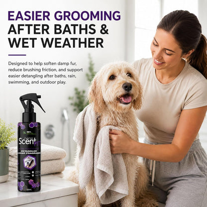 Grooming results showcasing a shiny knot-free pet coat using nanoSCENT spray