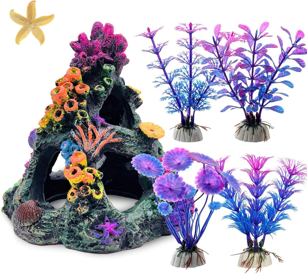 Gofylin aquarium decoration set featuring a colorful coral mountain cave ornament front view