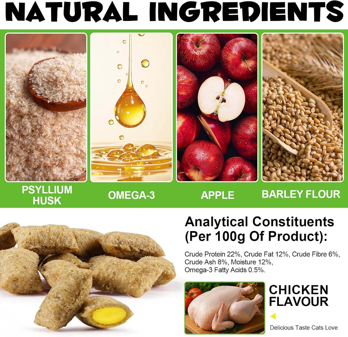 Chicken flavored multivitamin soft chews for cat skin and coat health improvement.