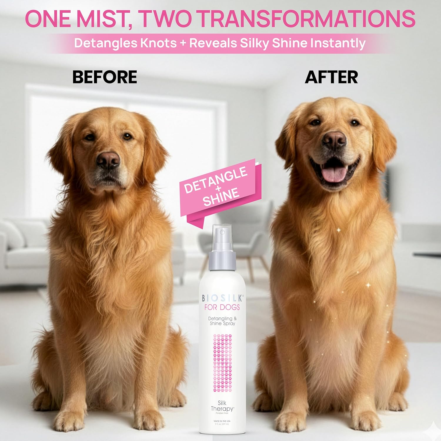 USA imported leave in dog detangling mist for smoothing matted fur.