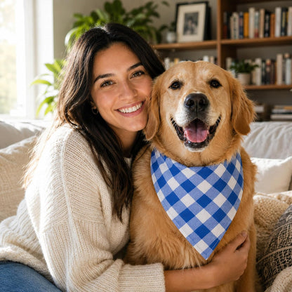 Folded blue and white plaid cotton pet scarf