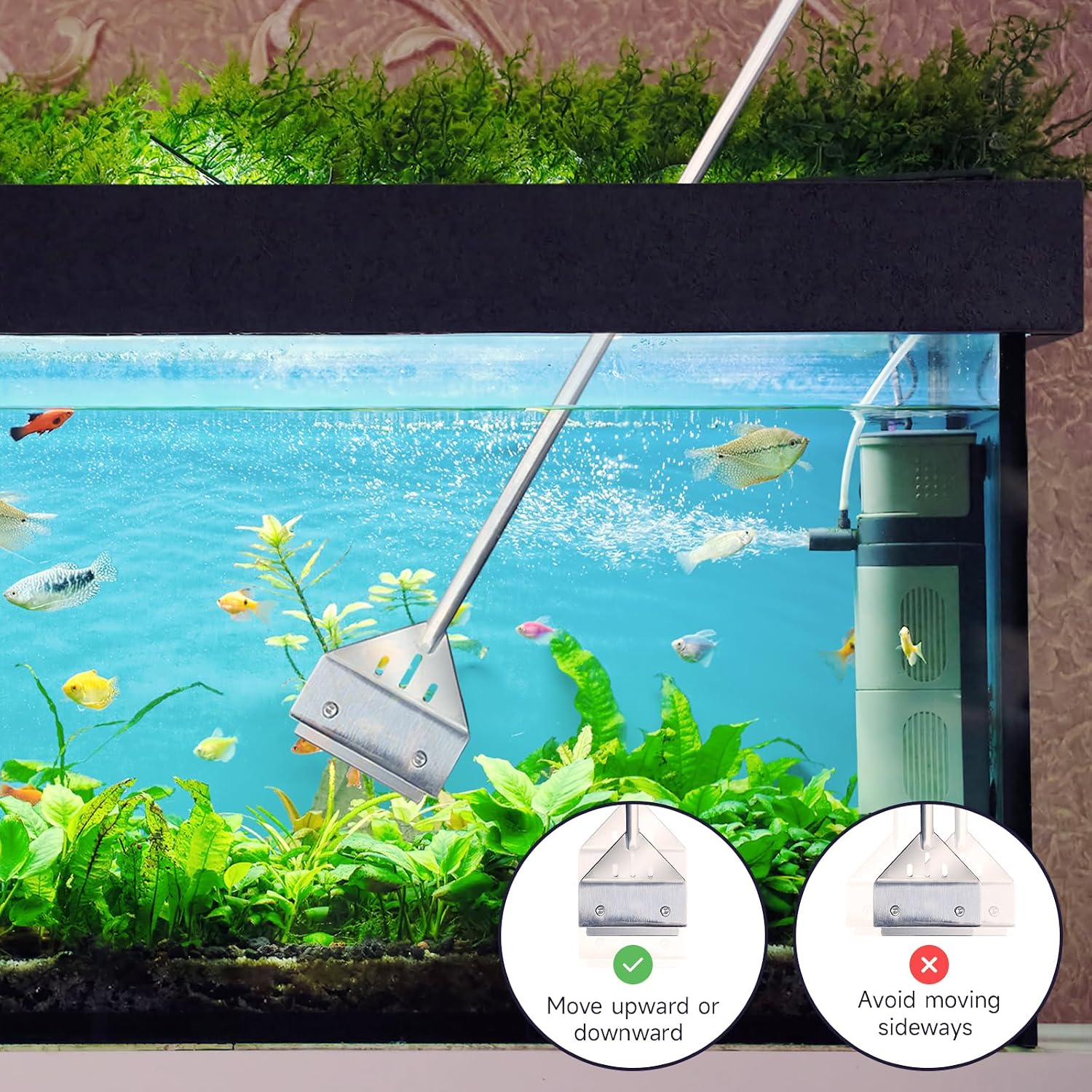 Tool free installation setup showcasing screws and connection rods for aquarium maintenance.