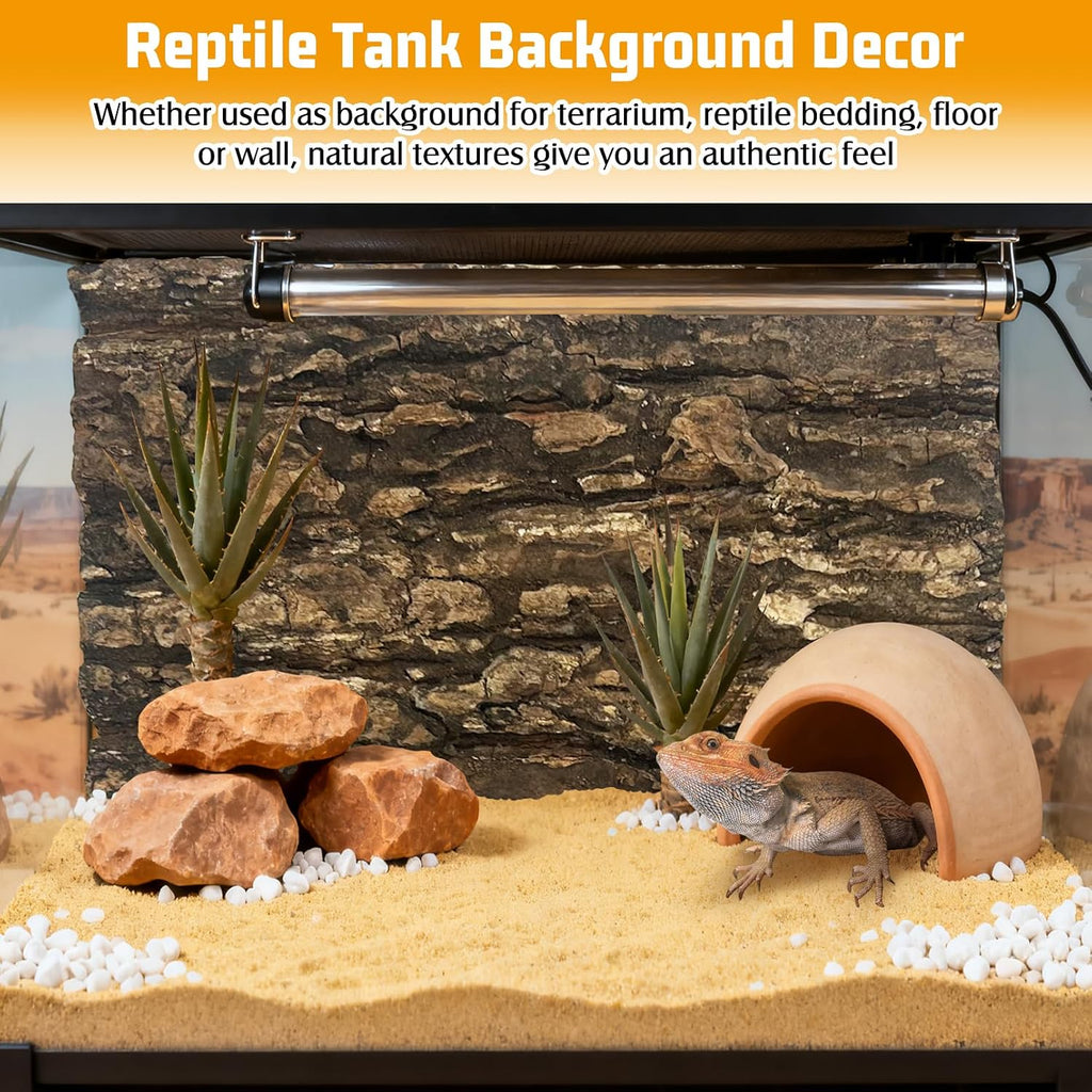 Reptile tank setup featuring natural cork bark mats used as both a climbing wall and ground substrate.