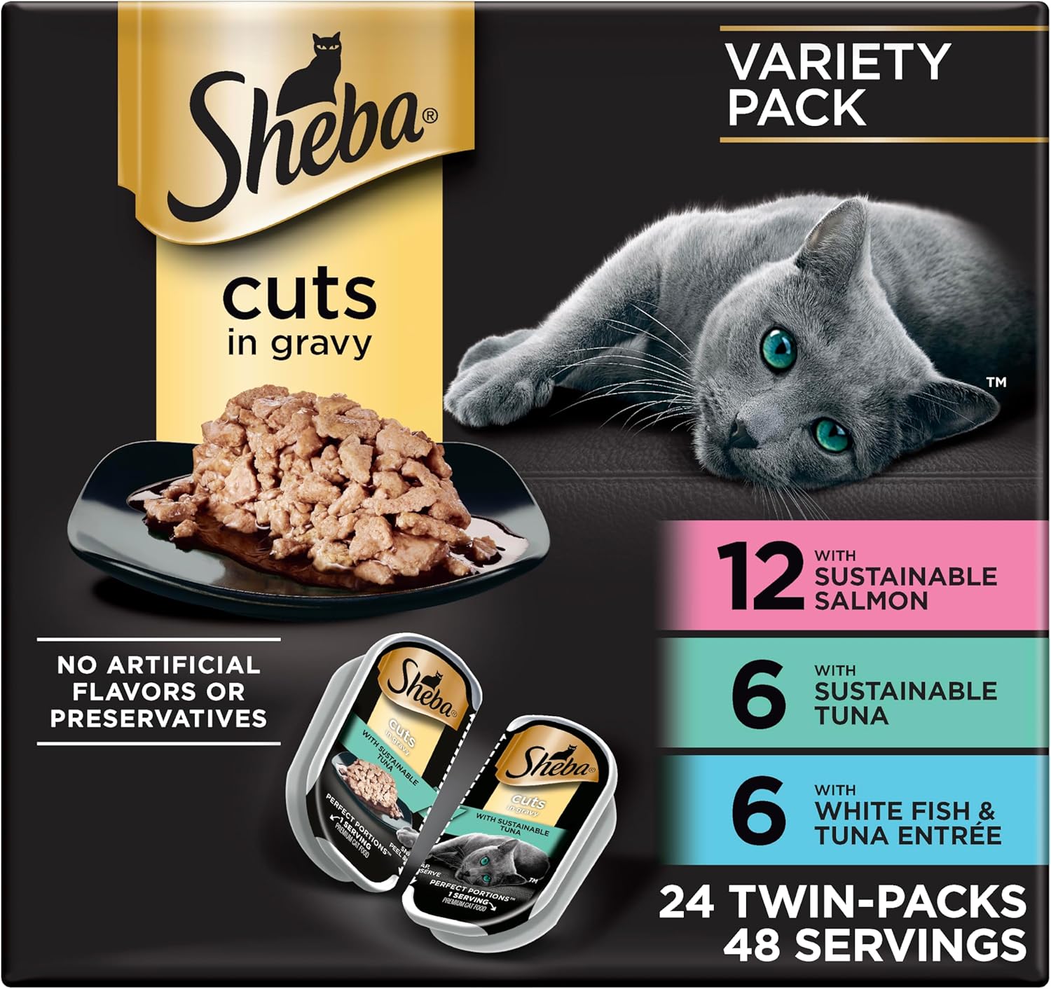 Sheba Perfect Portions Wet Cat Food Cuts in Gravy, Cat Food Wet Recipe, Roasted Chicken Entree, with Sustainable Salmon, Tender Turkey Entree, 2.6 oz. Twin-Pack Trays (24 Count, 48 Servings) - Image 11