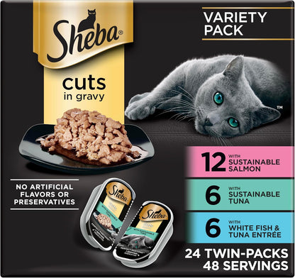 Sheba Perfect Portions Wet Cat Food Cuts in Gravy, Cat Food Wet Recipe, Roasted Chicken Entree, with Sustainable Salmon, Tender Turkey Entree, 2.6 oz. Twin-Pack Trays (24 Count, 48 Servings) - Image 11
