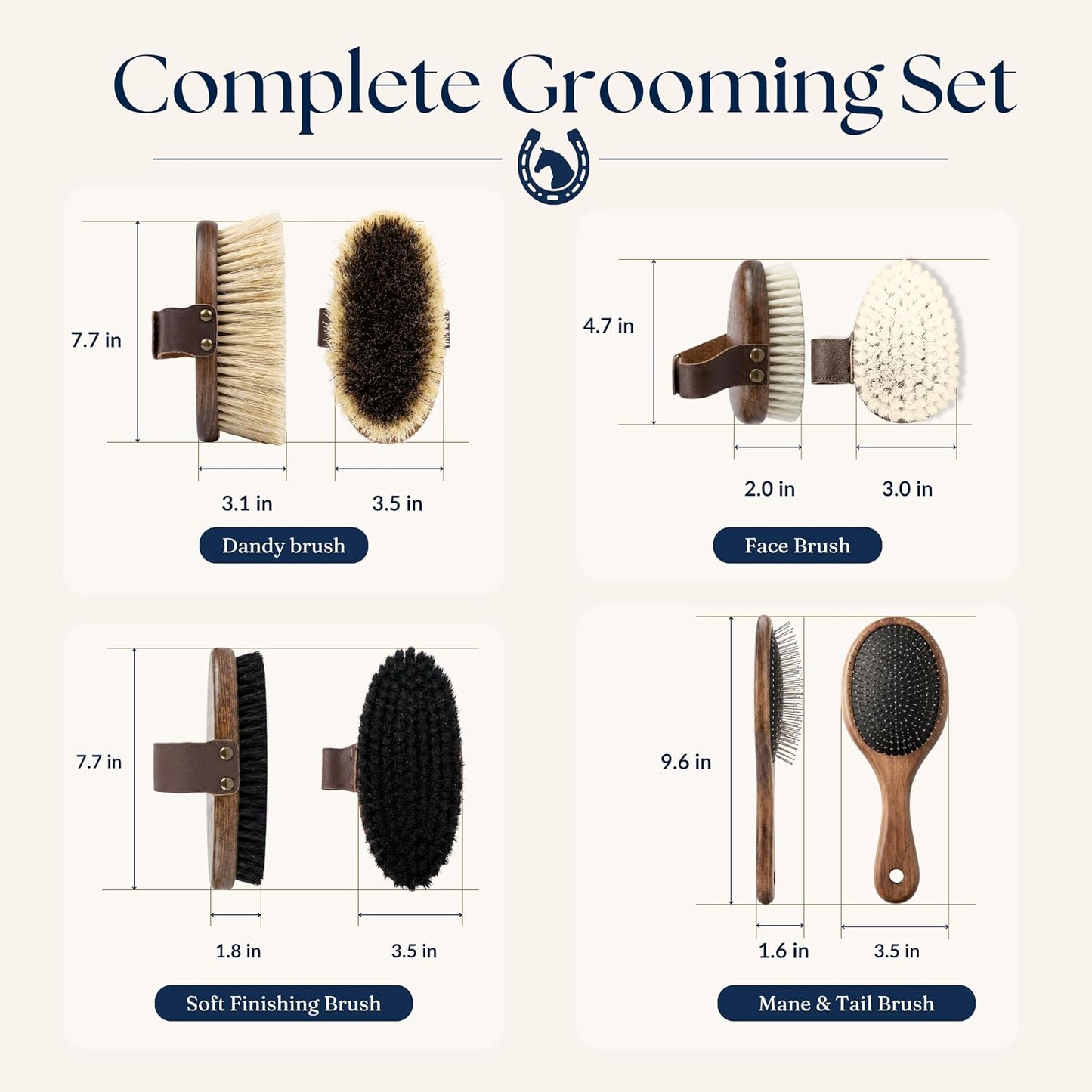 Ergonomic beechwood dandy brush with firm natural bristles for horse grooming.