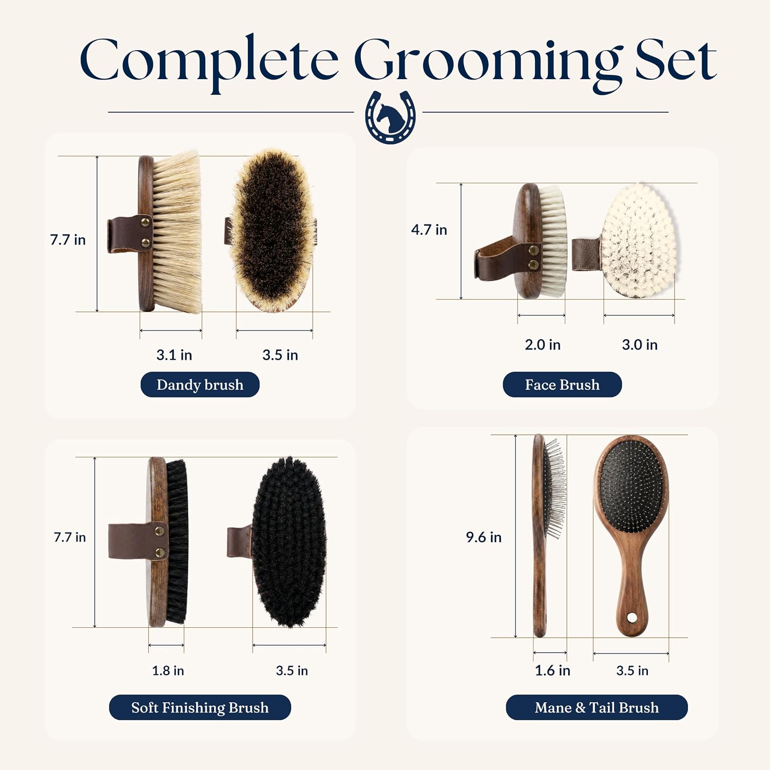 Ergonomic beechwood dandy brush with firm natural bristles for horse grooming.