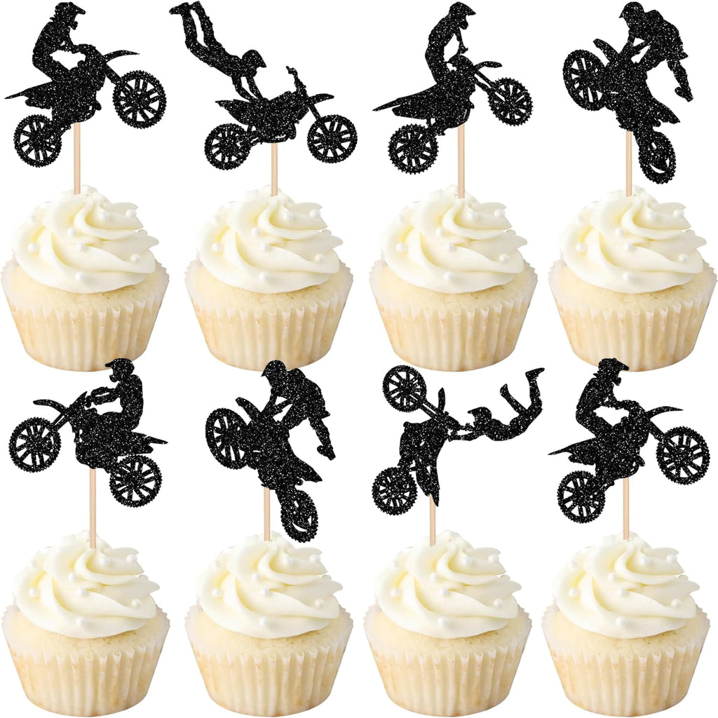 Zhuoweism motorcycle cupcake toppers set with black glitter design