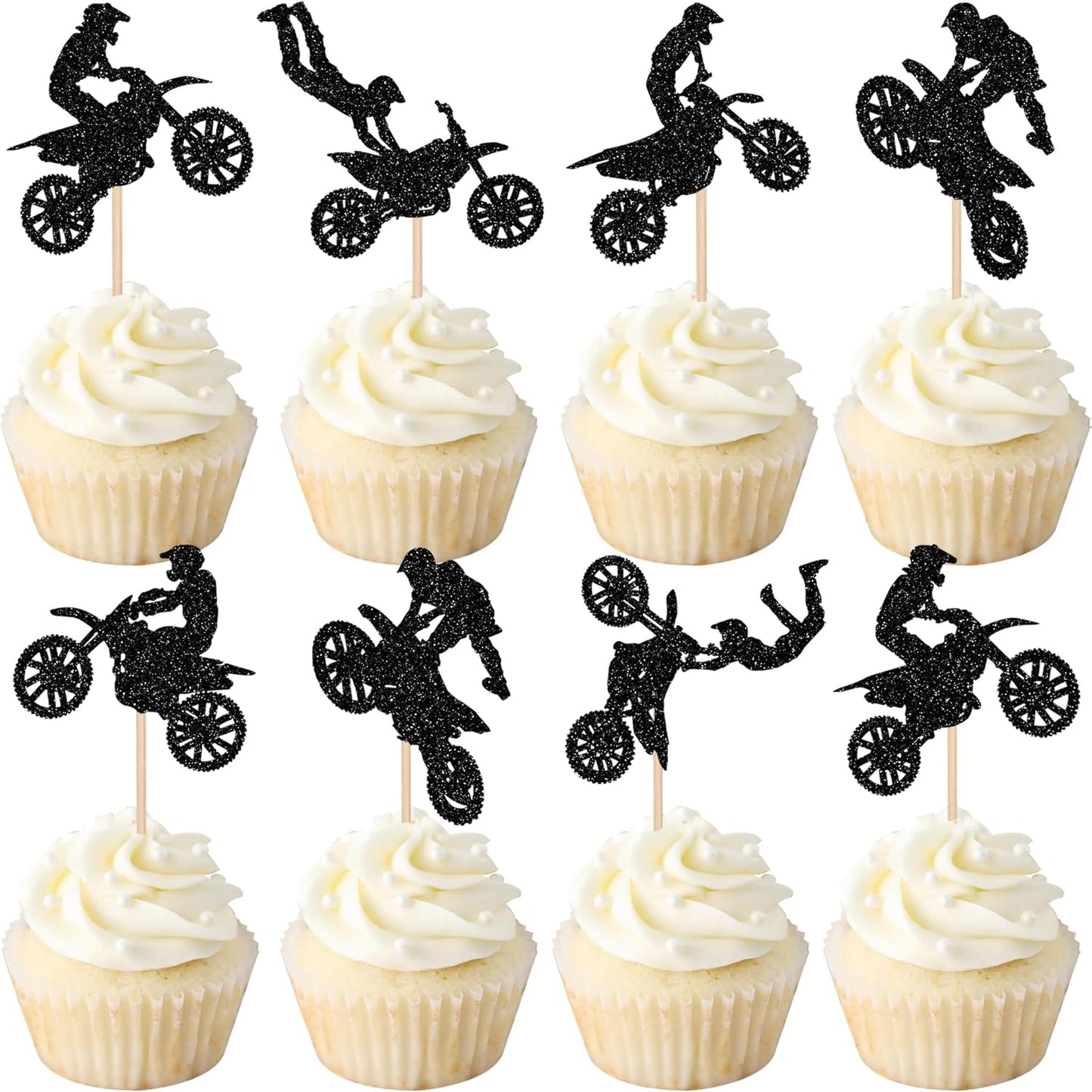 Zhuoweism motorcycle cupcake toppers set with black glitter design