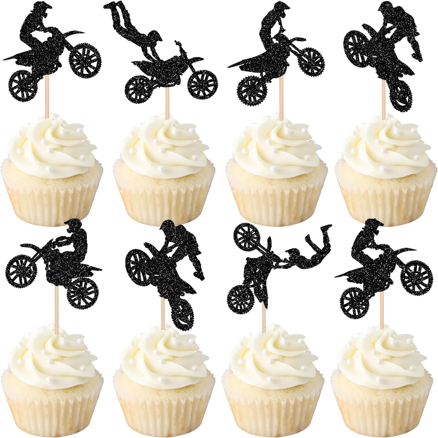 Zhuoweism motorcycle cupcake toppers set with black glitter design