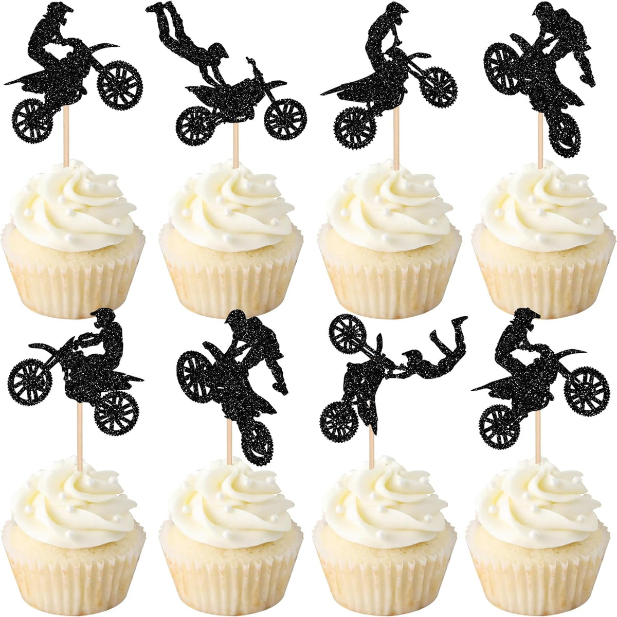 Zhuoweism motorcycle cupcake toppers set with black glitter design