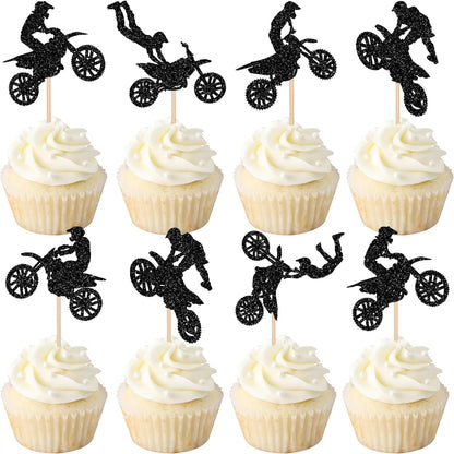 Zhuoweism motorcycle cupcake toppers set with black glitter design