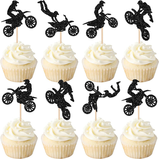 Zhuoweism motorcycle cupcake toppers set with black glitter design