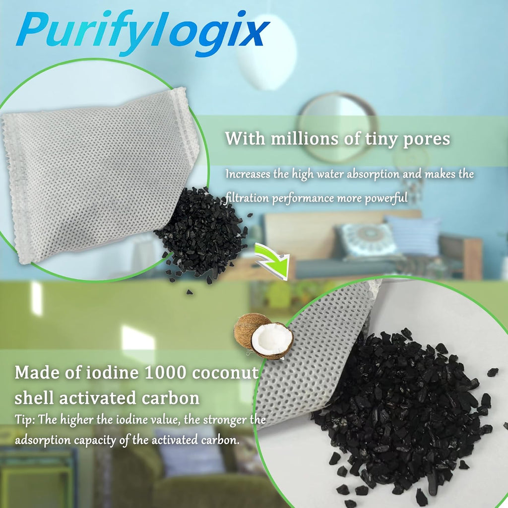 Six pieces of individually sealed PurifyLogix activated carbon bags for cat litter boxes