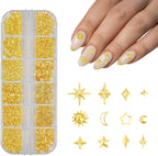 Wwyichen 3D star nail charms front view of the gold 12-grid storage box
