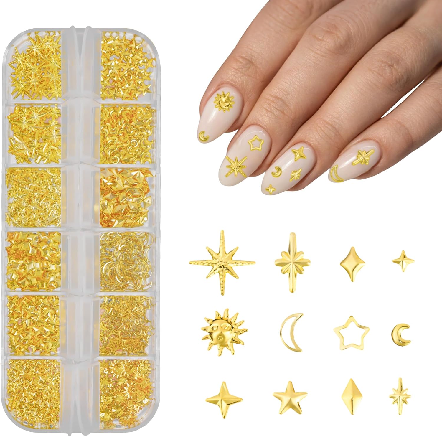 Wwyichen 3D gold star and moon metal nail charms front view