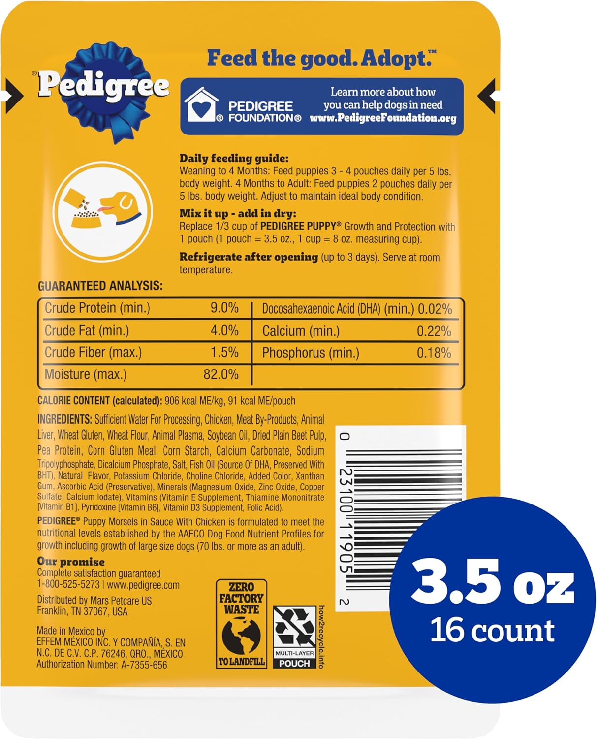 Pedigree chicken flavor wet dog food pouch showing puppy health benefits