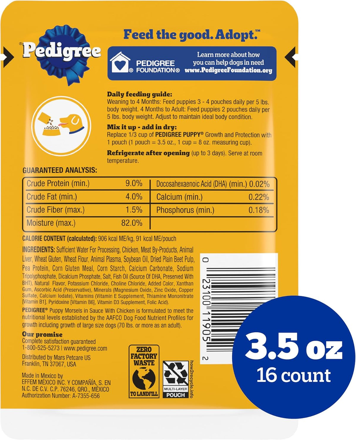 Pedigree chicken flavor wet dog food pouch showing puppy health benefits