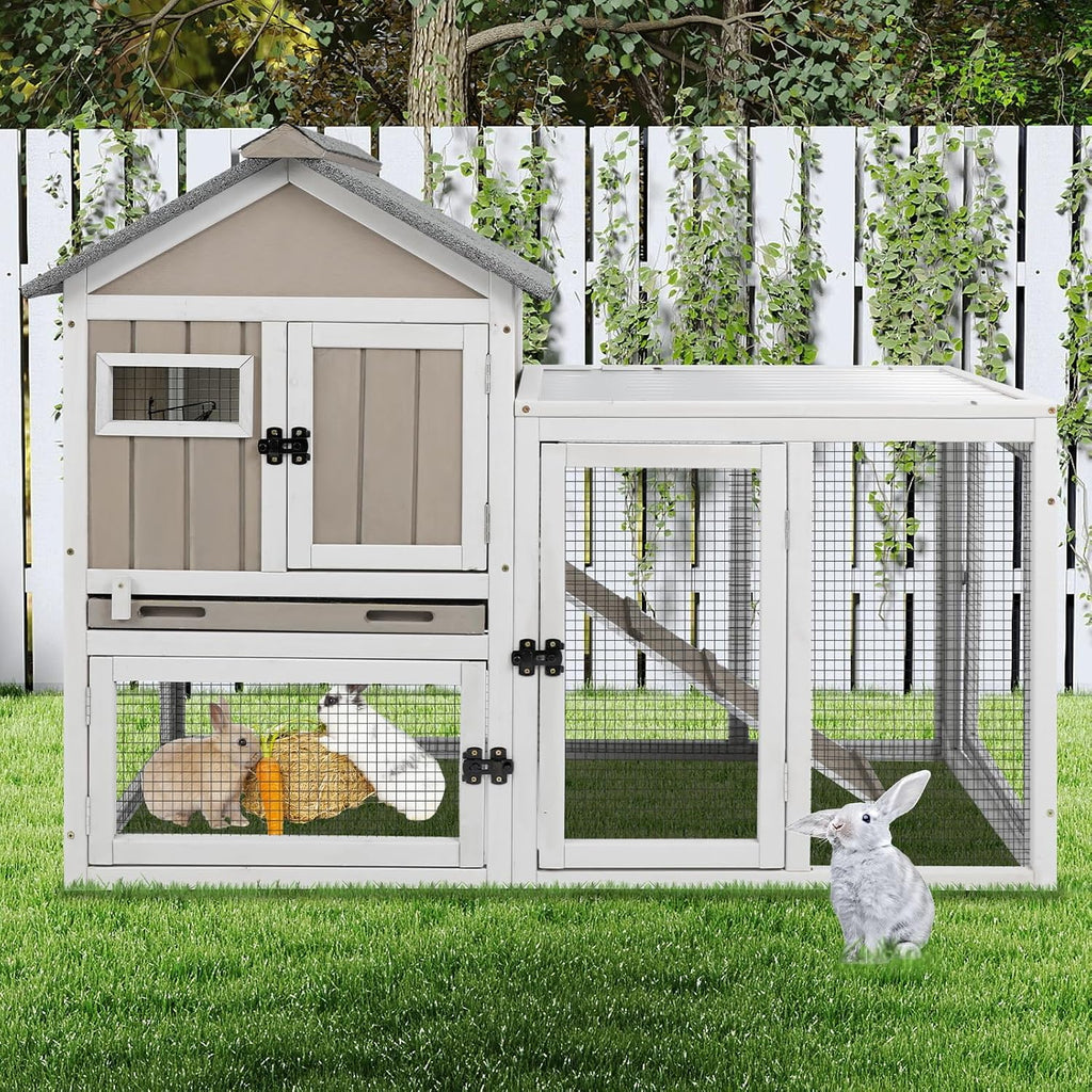 Ketive 48" L Rabbit Hutch Outdoor Indoor Bunny Hutch Weatherproof, 2-Story Wood Rabbit Cage with Deep Tray, Chew-Resistant Ramp, UV Roof, Bunny House for Small Animal, Expandable Guinea Pig Cage - Image 1