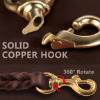 Solid brass 360 degree swivel hook on the QUMY leather dog training lead