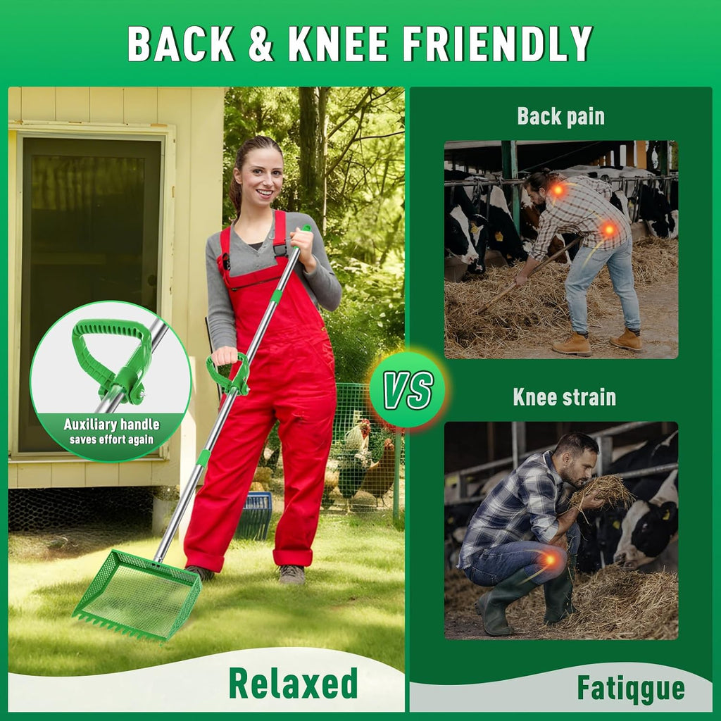 Adjustable long handle mechanism on heavy duty farm animal scooper