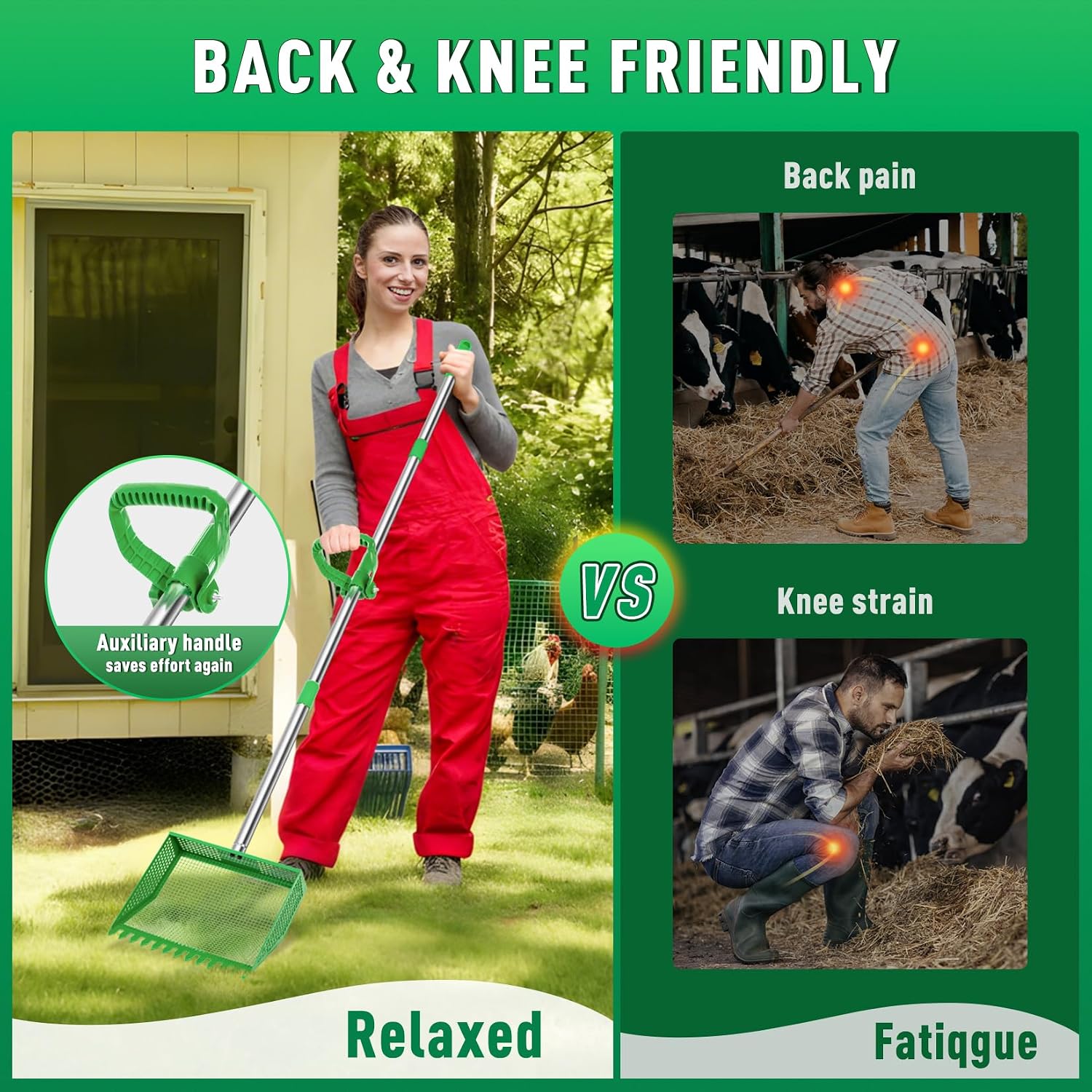 Adjustable long handle mechanism on heavy duty farm animal scooper