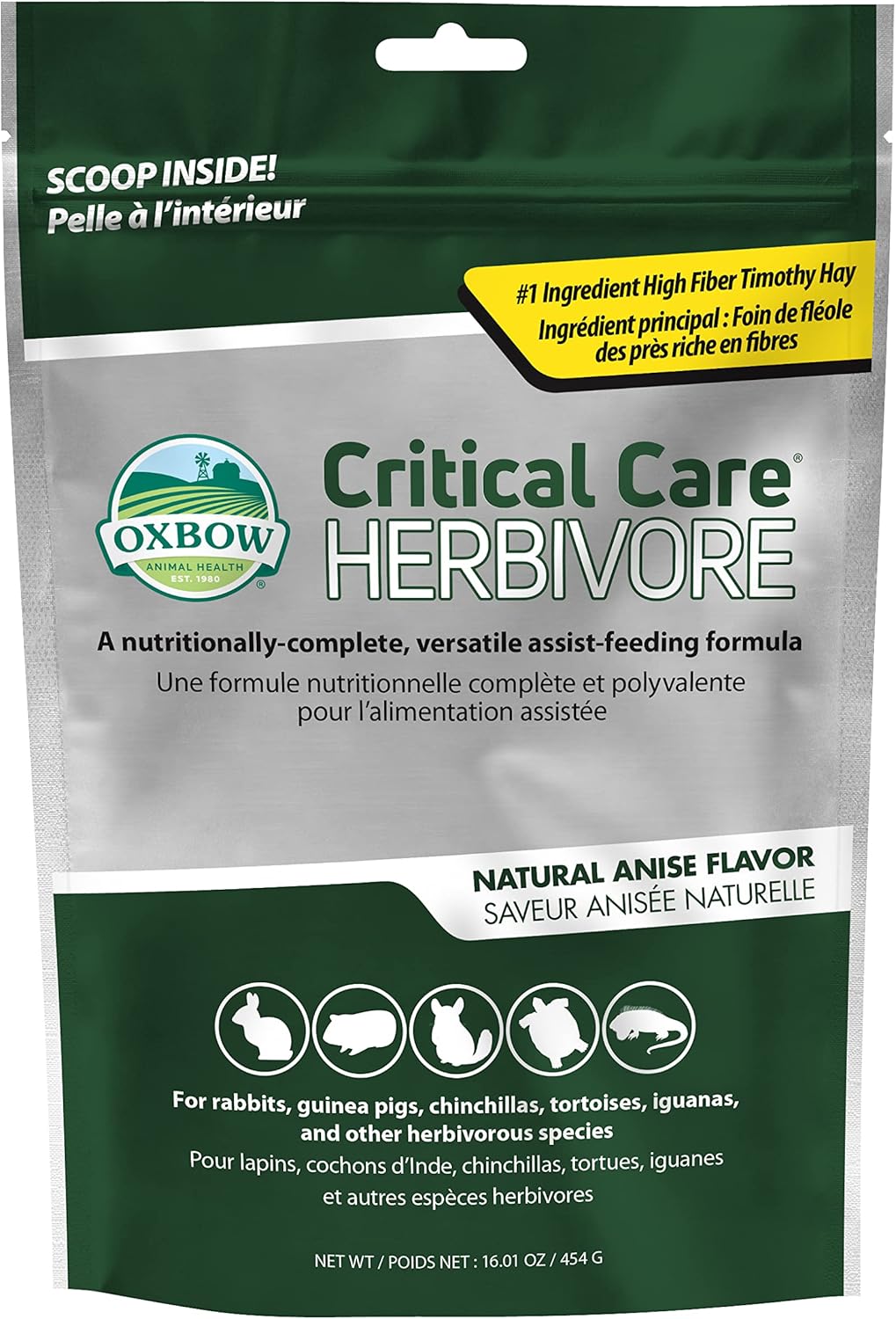 Oxbow critical care packaging side profile showing ingredients